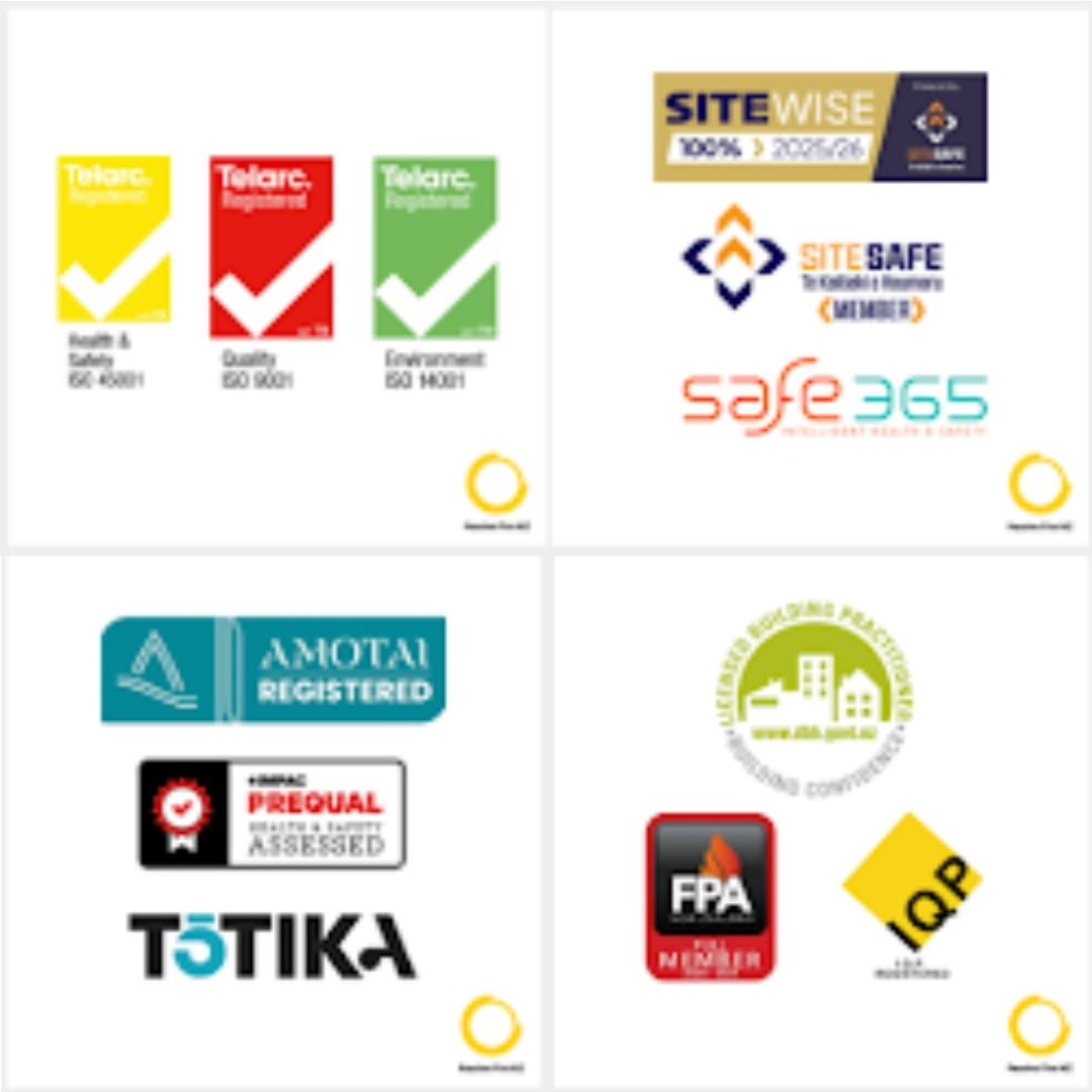 Badges of certifications held by Passive Fire NZ including ISO 9001, ISO 45001, ISO 14001, SiteWise Gold, SiteSafe, Safe365, IMPAC Prequal, Totika, Amotai, FPANZ, LBP, and IQP.