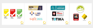 Badges of certifications held by Passive Fire NZ including ISO 9001, ISO 45001, ISO 14001, SiteWise Gold, SiteSafe, Safe365, IMPAC Prequal, Totika, Amotai, FPANZ, LBP, and IQP.