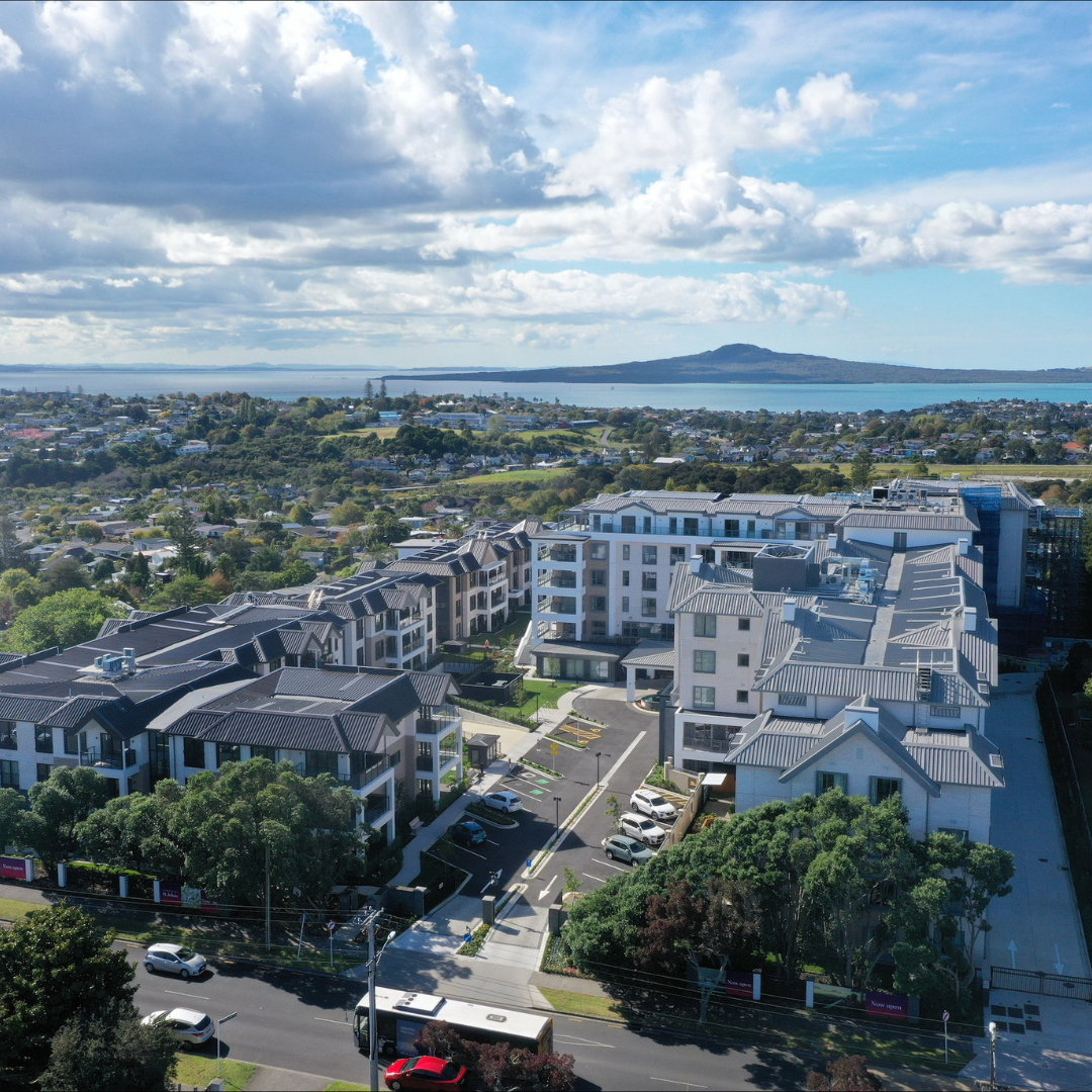 Aerial view of Summerset St Johns retirement village in Auckland, a multi-building aged care and independent living complex protected by Passive Fire NZ fire-stopping solutions.