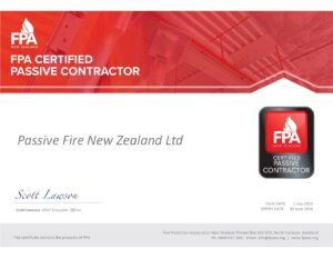 FPANZ Certified Passive Contractor certificate awarded to Passive Fire NZ Ltd