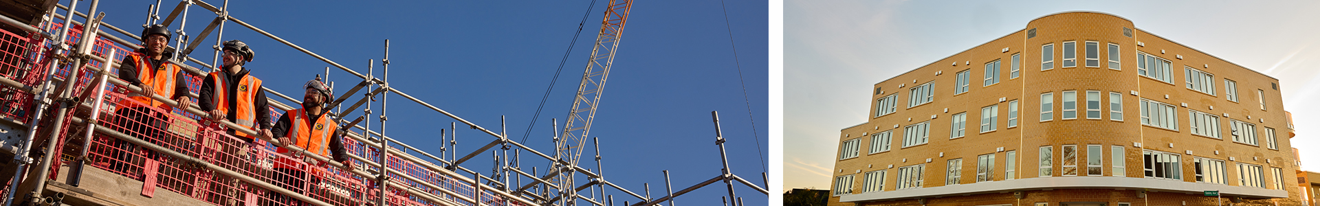 Construction workers on scaffolding ensuring building fire safety and compliance