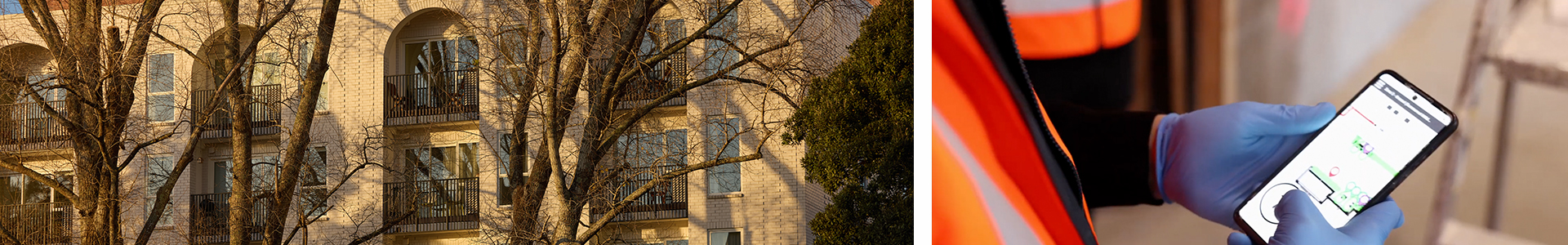 Modern apartment complex with sunlight and structural trees, representing Passive Fire NZ’s work in multi-storey residential and commercial buildings.