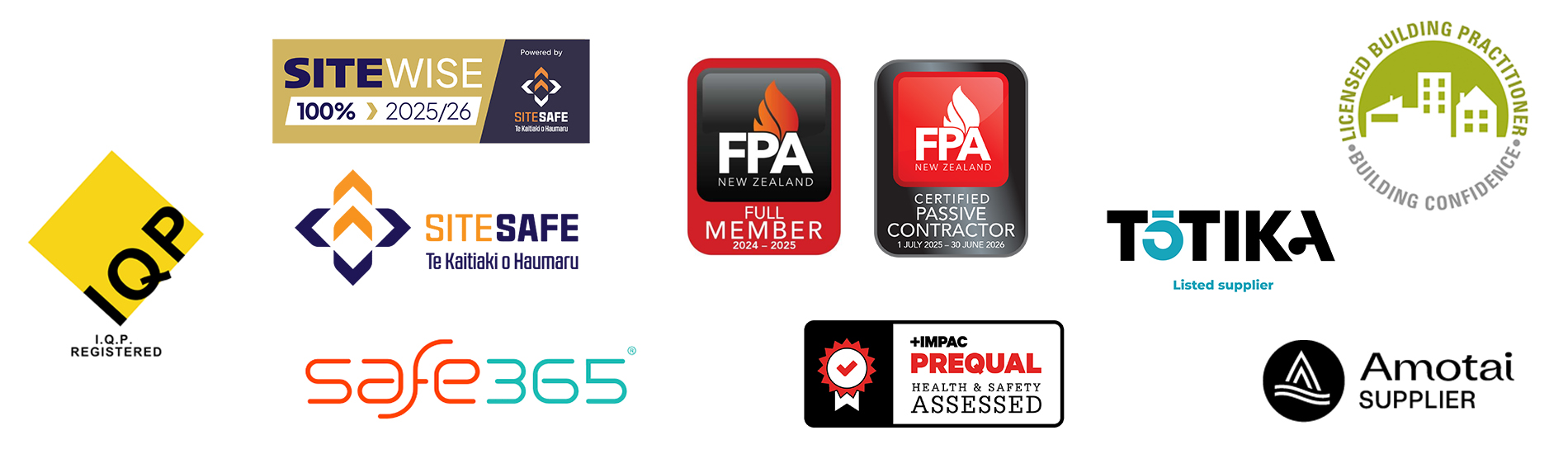 Passive Fire NZ accreditations including SiteWise Gold, Telarc ISO, FPA NZ, Tōtika, IQP, Amotai, and SiteSafe memberships.