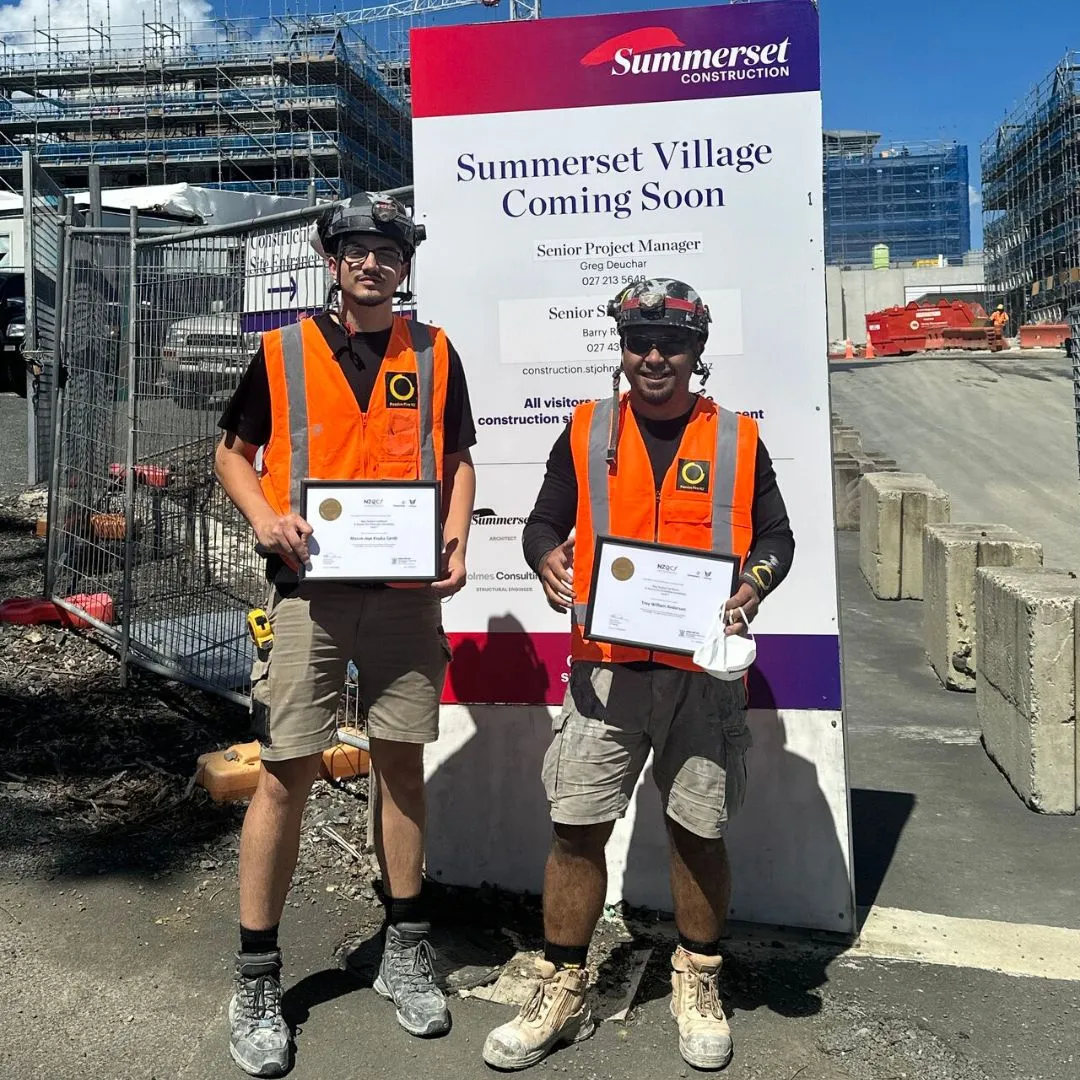 Passive Fire NZ technicians Mason Kouka-Smith and Troy Anderson receiving L3 certificates at Summerset St Johns Village.
