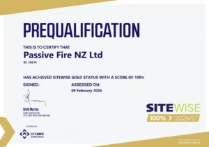 Passive Fire NZ SiteWise Gold certificate 2026 showing 100 percent score