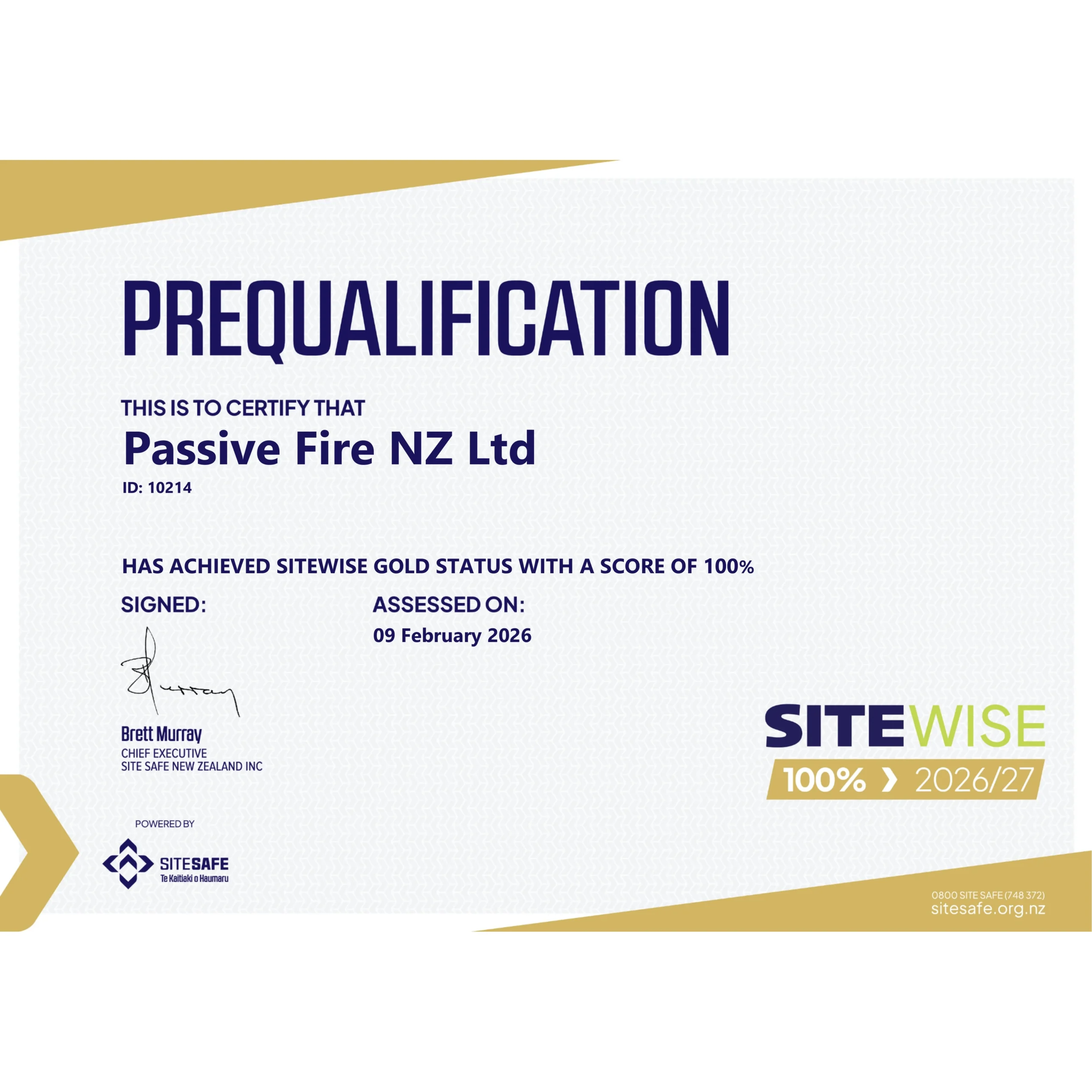 Passive Fire NZ SiteWise Gold certificate 2026 showing 100 percent score