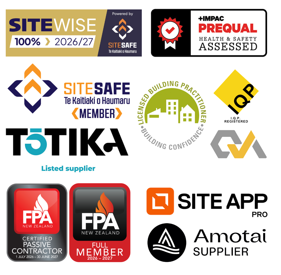 Passive Fire NZ accreditations including SiteWise Gold, Telarc ISO, FPA NZ, Tōtika, IQP, Amotai, and SiteSafe memberships.
